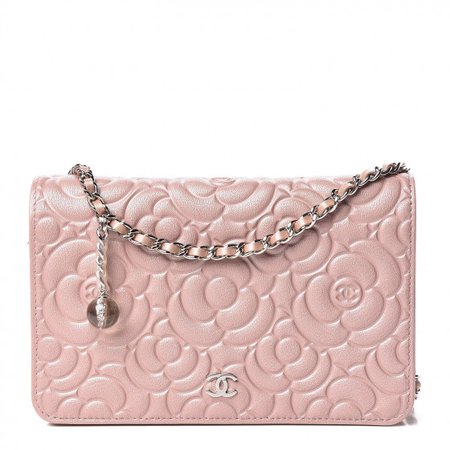 CHANEL Goatskin Camellia Embossed Wallet On Chain WOC Light Pink