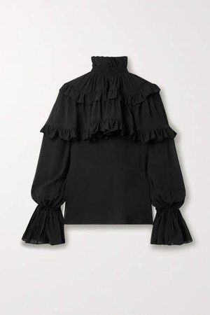 Ruffled Tiered Silk-chiffon Blouse - Black