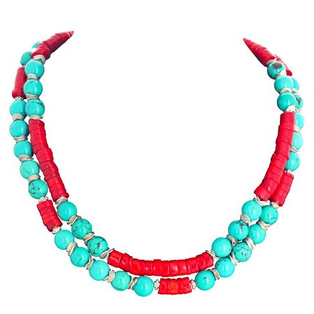 Unique Turquoise and Red Bamboo Coral Double Strand Necklace