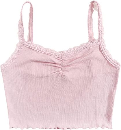 Floerns Women's Contrast Lace Spaghetti Strap Ruched Rib Knit Cami Crop Top Light Pink M at Amazon Women’s Clothing store