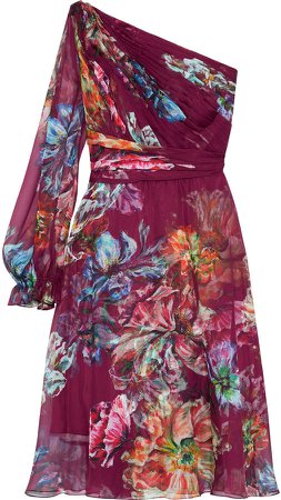 One-shoulder Pleated Floral-print Chiffon Dress