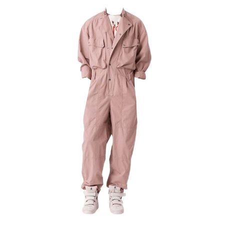 white t shirt pink coveralls utility jumpsuit off white sneakers full outfit png