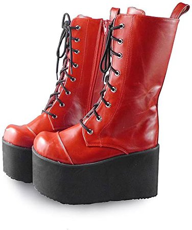 Amazon.com: Antaina salto médio vermelho PU preto cadarço doce punk Lolita plataforma botas: Clothing