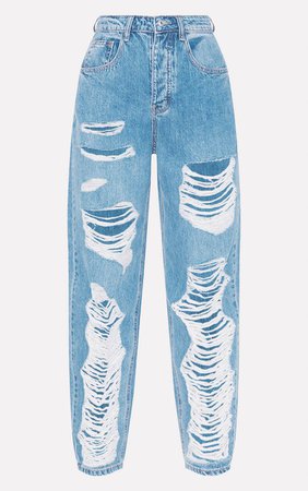 Plt Mid Blue Distressed Boyfriend Jeans | PrettyLittleThing USA