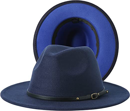 JOYEBUY Women Lady Two Tone Wide Brim Panama Hat Patchwork Colors Classic Fedora Hat with Belt Buckle (Navy Blue/Royal Blue, One Size) at Amazon Women’s Clothing store