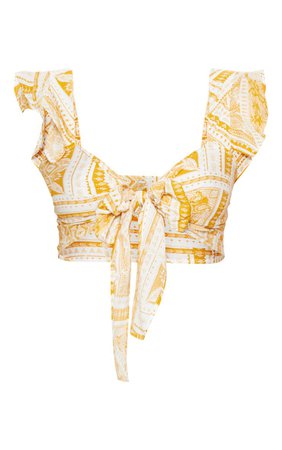 Mustard Paisley Frill Tie Front Bralet | PrettyLittleThing