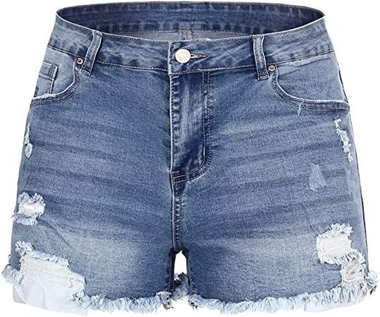 THUNDER STAR Women Mid Rise Ripped Stretchy Jeans Shorts Frayed Raw Hem Casual Denim Shorts at Amazon Women’s Clothing store