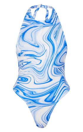 Blue Marble Print Halterneck Low Back Bodysuit | PrettyLittleThing USA