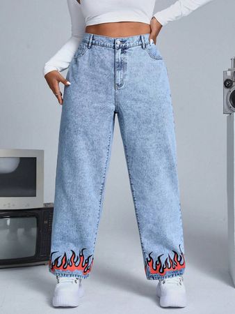 Fire Print Straight Leg Jeans
