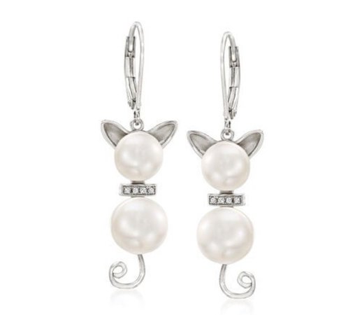 silver and pearl cat earrings