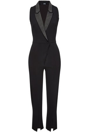 Karl Lagerfeld - Crepe Jumpsuit with Embellished Lapels - black