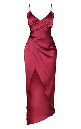 Petite Burgundy Satin Wrap Detail Maxi Dress | PrettyLittleThing USA