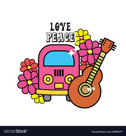Cute hippie minibus with flowers and guitar Vector Image