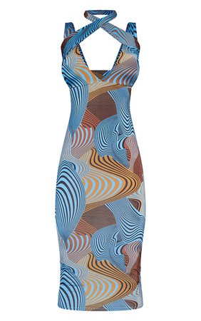 Blue Optical Print Slinky Cross Over Strappy Detail Midi Dress | PrettyLittleThing USA