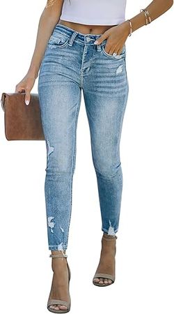 Amazon.com: KUNMI Women's Mid Waisted Skinny Ripped Jeans Slim Fit Distressed Stretchy Denim Pants : Clothing, Shoes & Jewelry