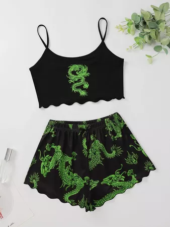 Chinese Dragon Print Lettuce Trim Cami Pajama Set | SHEIN USA