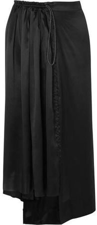 Asymmetric Frayed Silk-satin Midi Skirt - Black