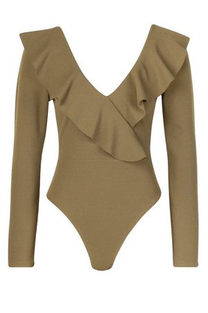 Ruffle Long Sleeved Bodysuit | Boohoo khaki