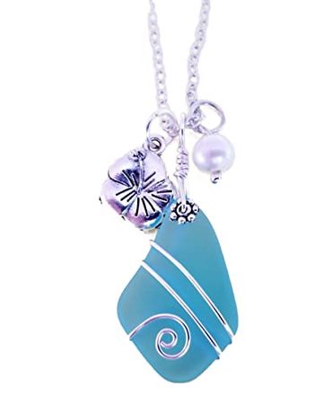 Amazon.com: Handmade in Hawaii, wire wrapped Turquoise Bay blue sea glass necklace, Hibiscus and freshwater pearl,"December Birthstone", (Hawaii Gift Wrapped, Mother's Day Gift) : Handmade Products