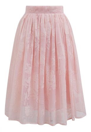 Velvet Rose Texture Organza Midi Skirt in Pink - Retro, Indie and Unique Fashion
