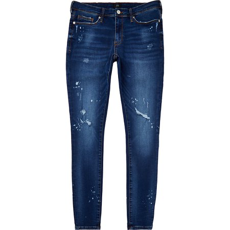 Blue ripped paint splat spray on skinny jeans | River Island