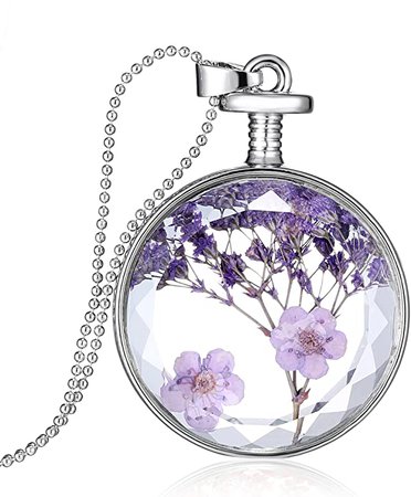 AmazonSmile: Dried Pressed Purple Flower Necklace Heart Round Shape Glass Pendant Necklace for Women Girl (Round): Jewelry