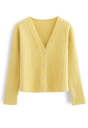 Cozy V-Neck Ribbed Knit Cardigan in Yellow - Retro, Indie and Unique Fashion