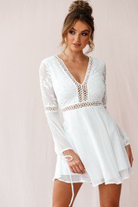 Buy the Carson Knit Crochet Bell Sleeve Dress White | Selfie Leslie