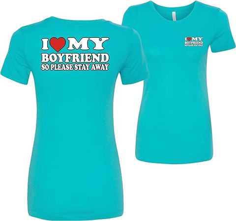 I Heart My Boyfriend Stay Away Front and Back Womens T-Shirts Fit at Amazon Women’s Clothing store