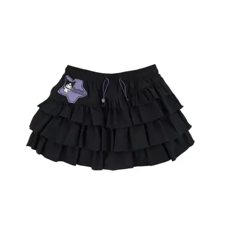 Kuromi Applique Black Tiered Ruffles Mini Skirt with Undies