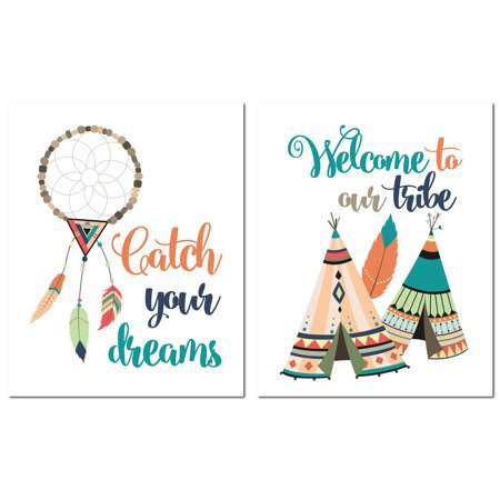 Lovely Teal, Blue and Orange Tribal 'Catch Your Dreams' and Welcome To Our Tribe' Dream Cather and Tee Pee Set; Two 14x11in Unframed Paper Poster - Walmart.com