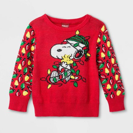 Baby Boys' Peanuts Snoopy Holiday Lights Ugly Sweater - Red : Target