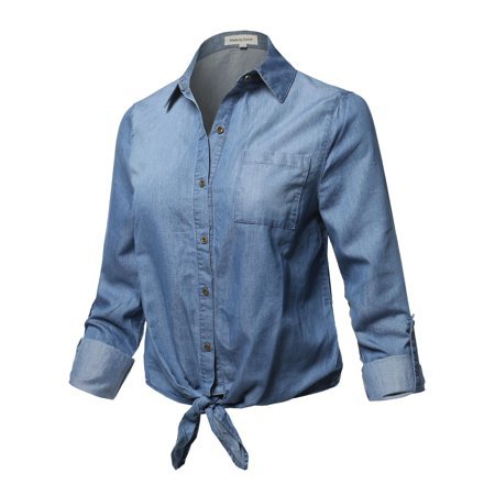 FashionOutfit - FashionOutfit Women's Casual Adjustable Roll Up Sleeves Chest Pocket Front Tie Denim Shirt - Walmart.com