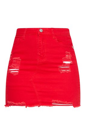 Red Distressed Denim Stretch Skirt | Denim | PrettyLittleThing USA