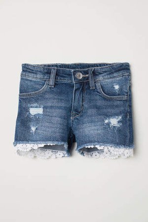 Lace-trimmed Denim Shorts - Blue