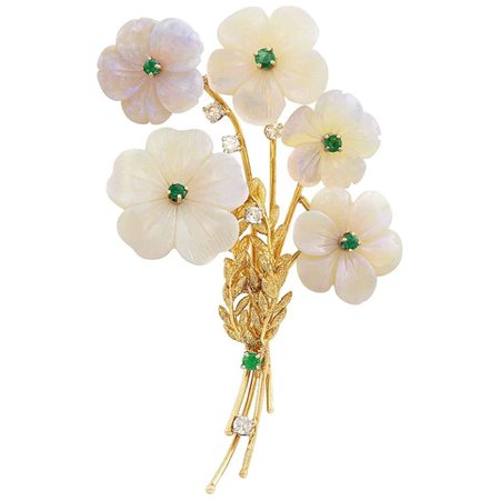Carved Opal, Emerald and Diamond Flower Brooch