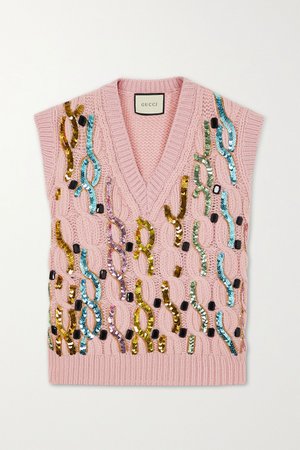 Pink Embellished cable-knit wool vest | Gucci | NET-A-PORTER