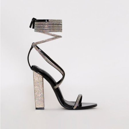 Aisha Black Patent Lace Up Diamante Block Heels