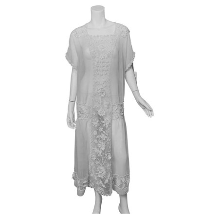 1920's Handmade Irish Lace and Cotton Voile Dress Larger Size For Sale at 1stDibs