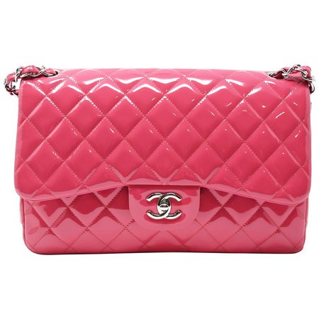 Chanel Pink Patent Leather Quilted Lambskin Jumbo Double Fold Bag