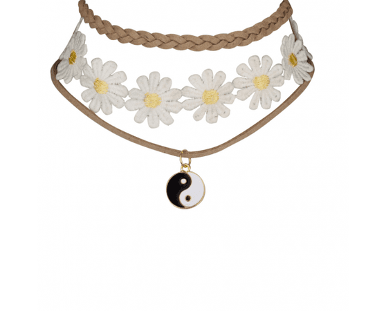 Peace Sign Sunflower Flower Floral Fabric Choker Necklace Set (3 PC).