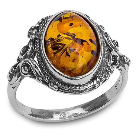 Amber Sterling Silver Oval Filigree Ring