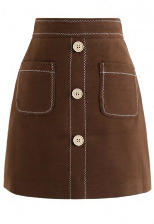 Contrasted Pockets Buttoned Mini Skirt in Brown - Retro, Indie and Unique Fashion