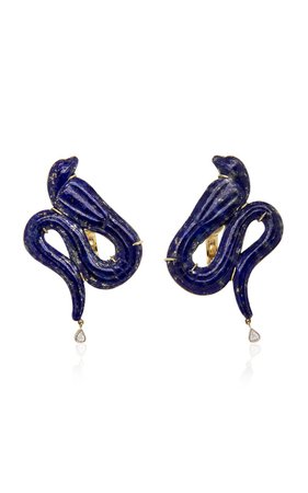 Silvia Furmanovich, 18k yellow gold and 18k white gold Egypt snake earrings with rose-cut diamond and lapis lazuli