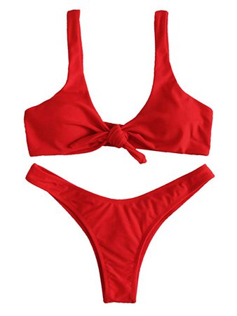 SweatyRocks Women's Sexy Bikini Swimsuit Soild Color Tie Knot Front Thong Bottom Swimwear Set Red L: Clothing