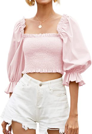 Rooscier Women's Puff Short Sleeve Square Neck Shirred Frill Sexy Crop Top Blouse Pink Small at Amazon Women’s Clothing store