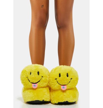 Current Mood Acid Smiley Fuzzy Slippers - Yellow | Dolls Kill