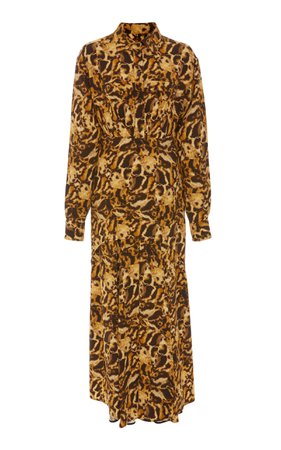 Victoria Beckham Animal Print Pleated Crepe Shirt Dress