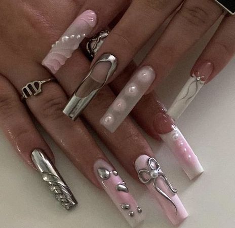 long pink and silver acrylic nails