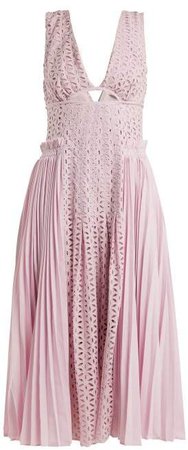 Self Portrait Broderie Anglaise And Pleated Panel Midi Dress - Womens - Light Pink